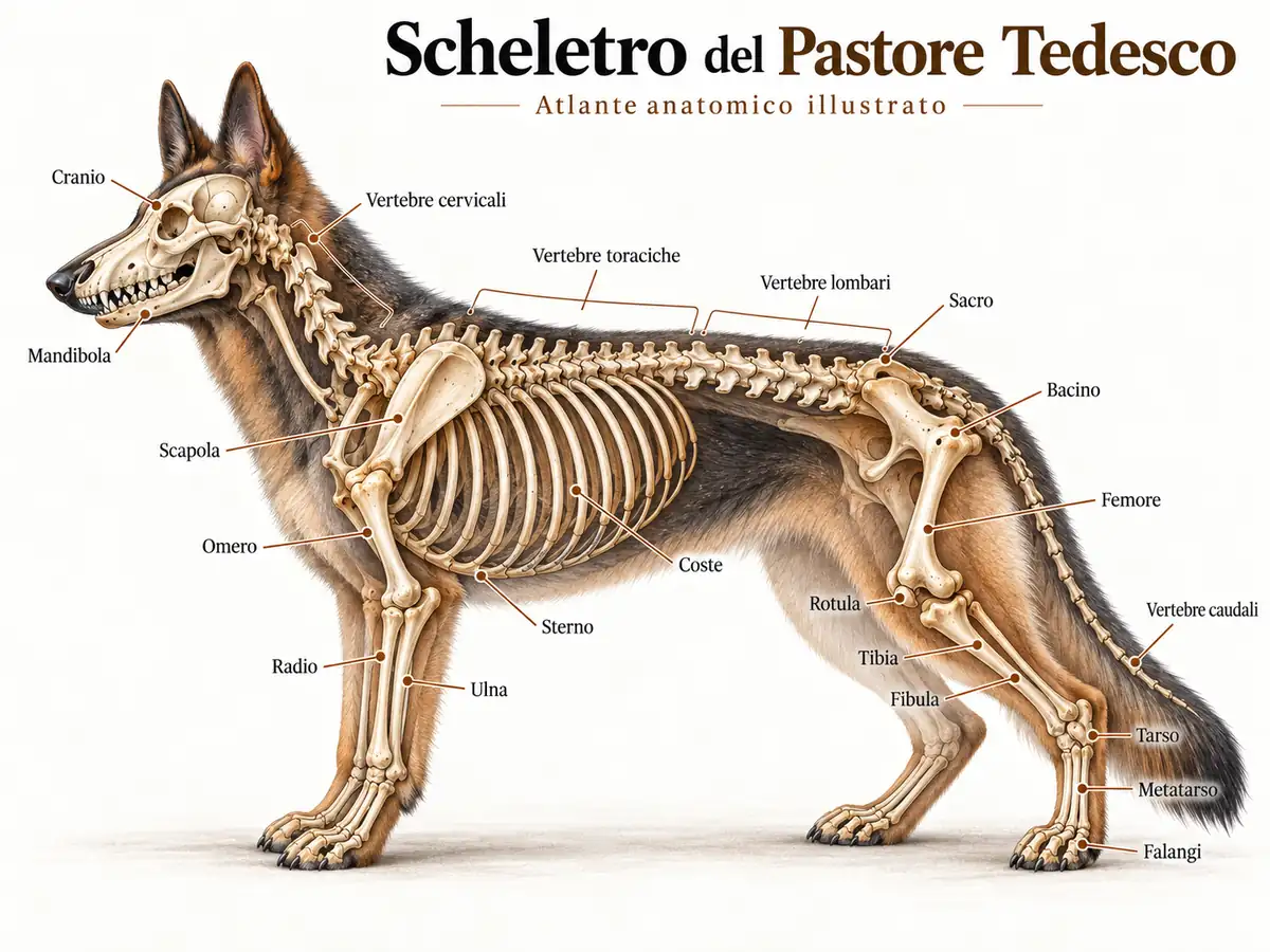 Tavola illustrata dello scheletro del Pastore Tedesco